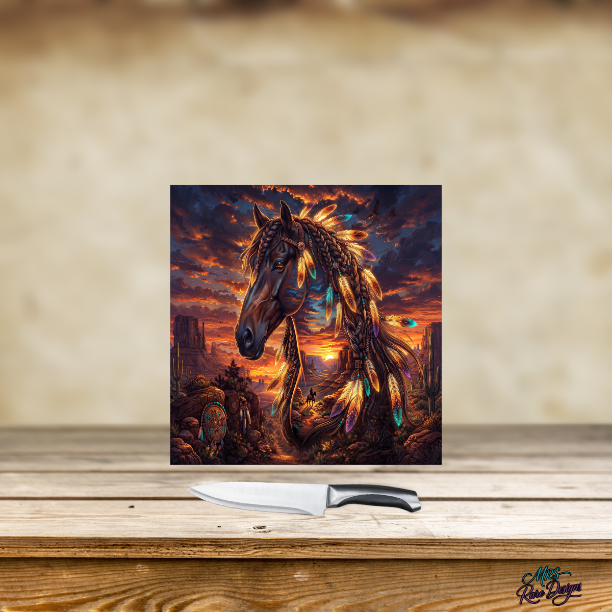 Sunset Spirit Feather Horse 9-Inch Square Glass Cutting Board