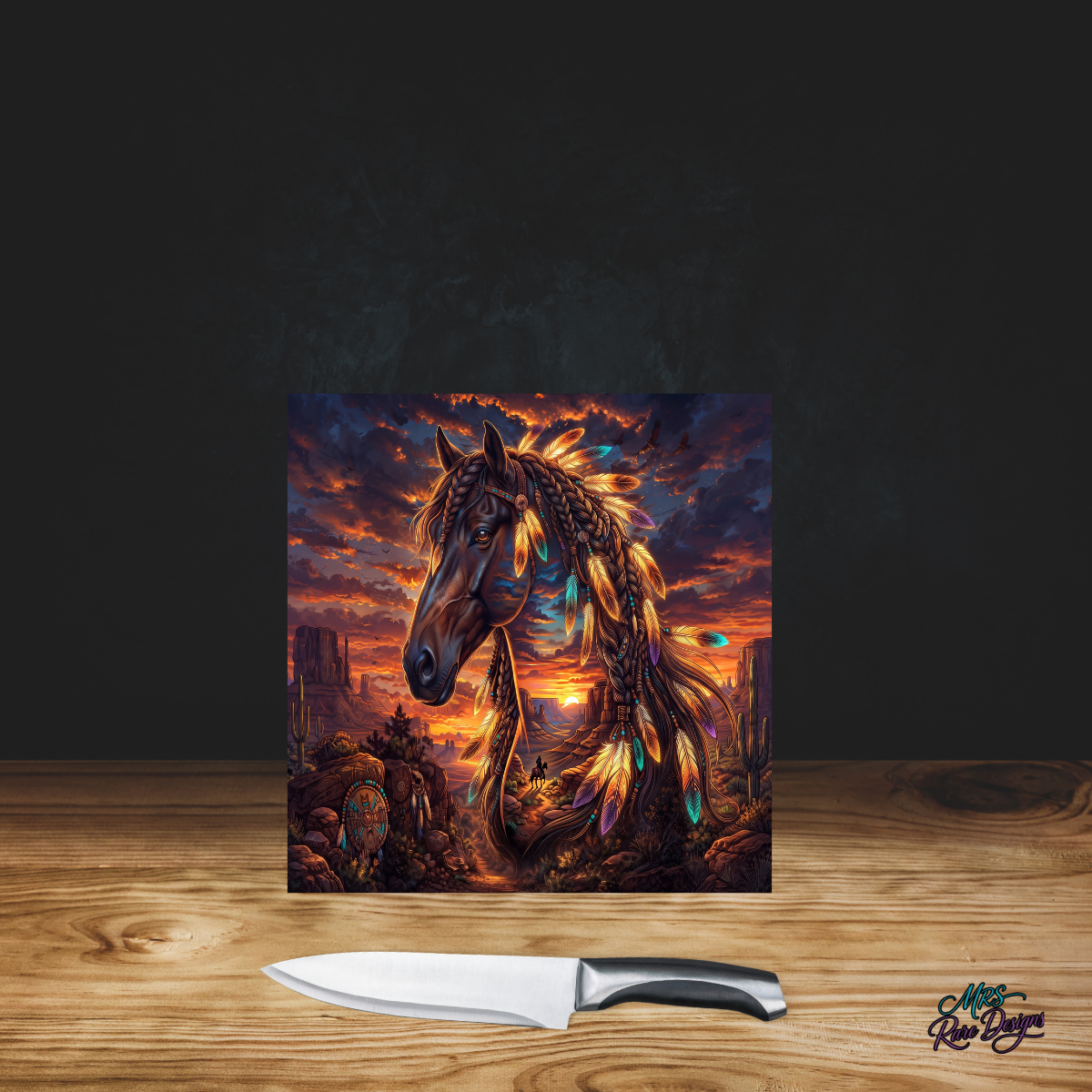 Sunset Spirit Feather Horse 9-Inch Square Glass Cutting Board