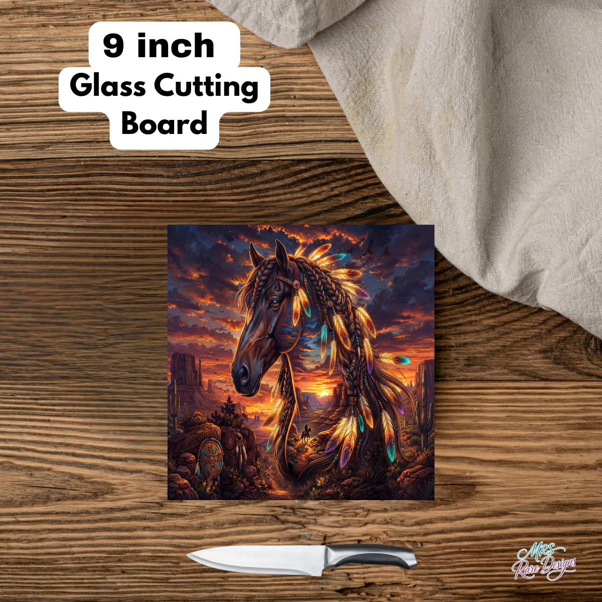 Sunset Spirit Feather Horse 9-Inch Square Glass Cutting Board