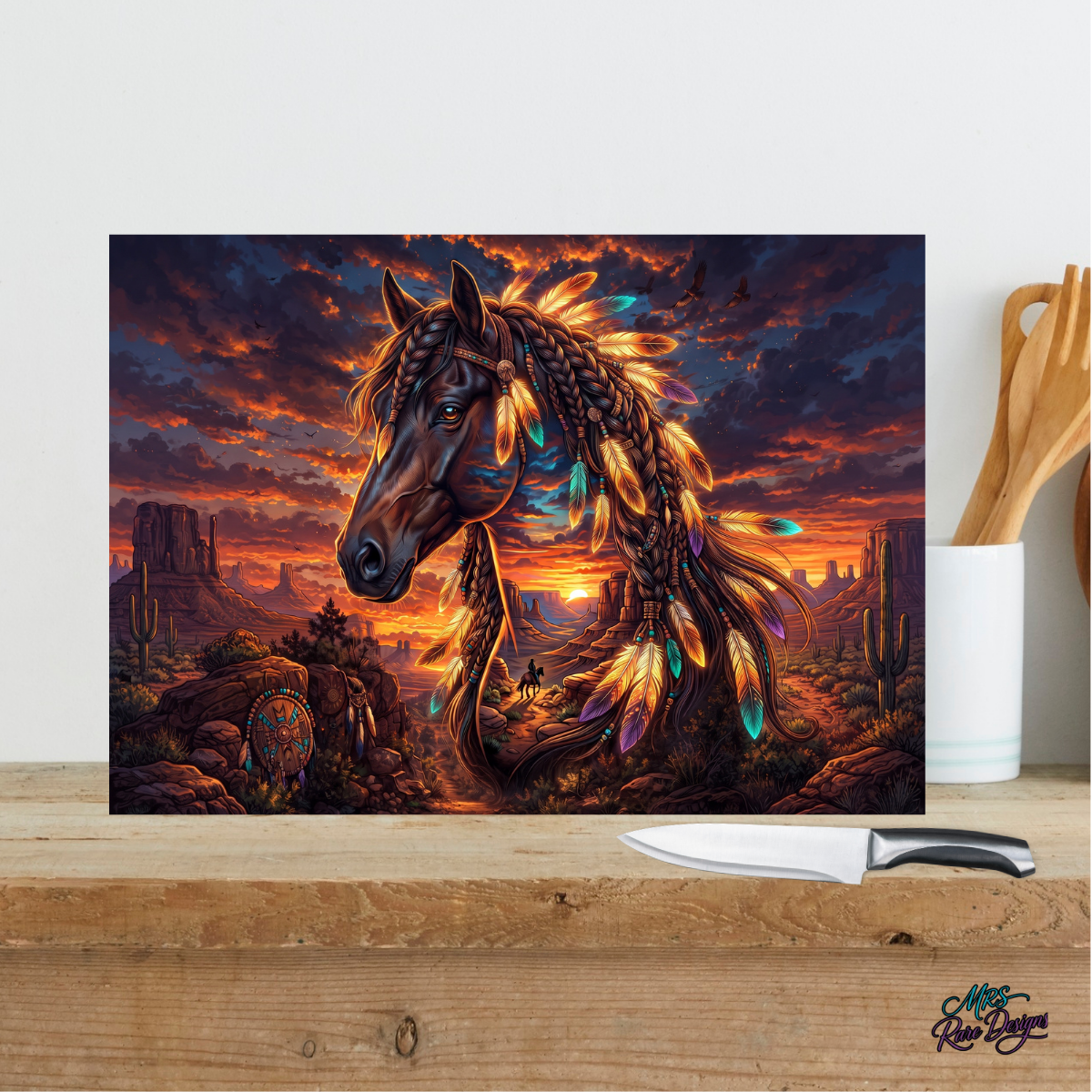 Sunset Spirit Feather Horse 11x7.87-Inch Rectangular Glass Cutting Board