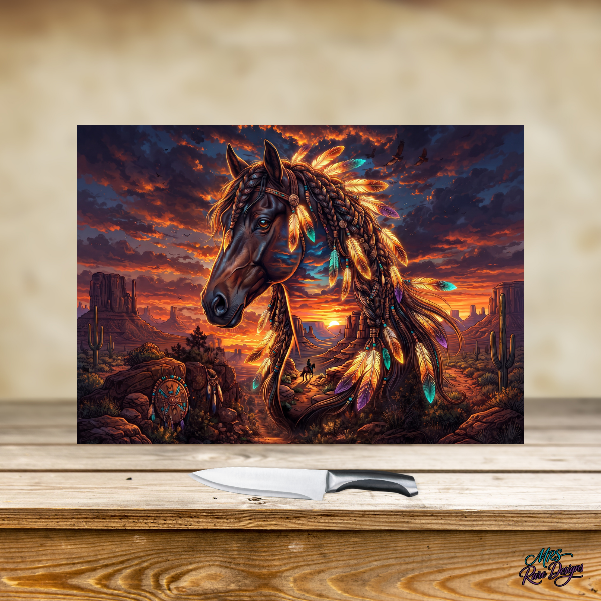 Sunset Spirit Feather Horse 11x7.87-Inch Rectangular Glass Cutting Board