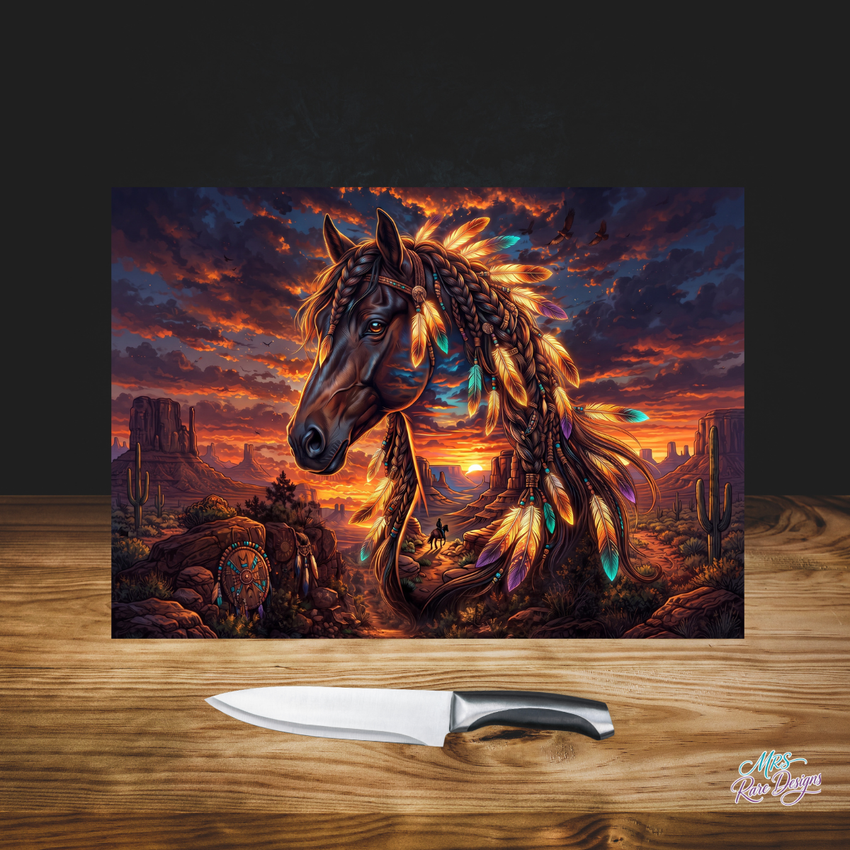 Sunset Spirit Feather Horse 11x7.87-Inch Rectangular Glass Cutting Board