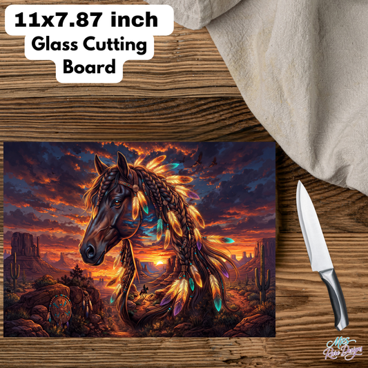 Sunset Spirit Feather Horse 11x7.87-Inch Rectangular Glass Cutting Board