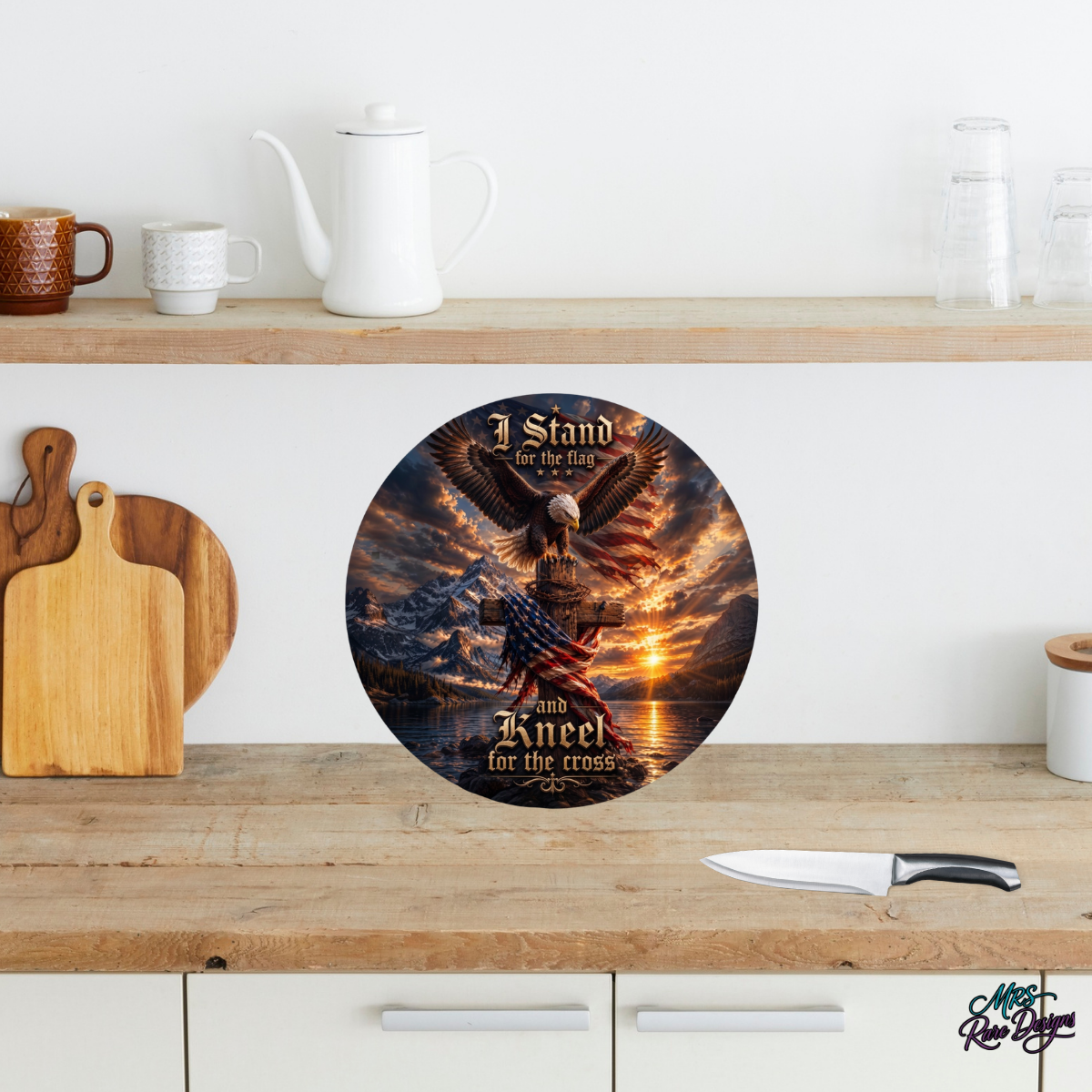 Faith & Freedom Eagle Round Glass Cutting Board – “Stand for the Flag, Kneel for the Cross”
