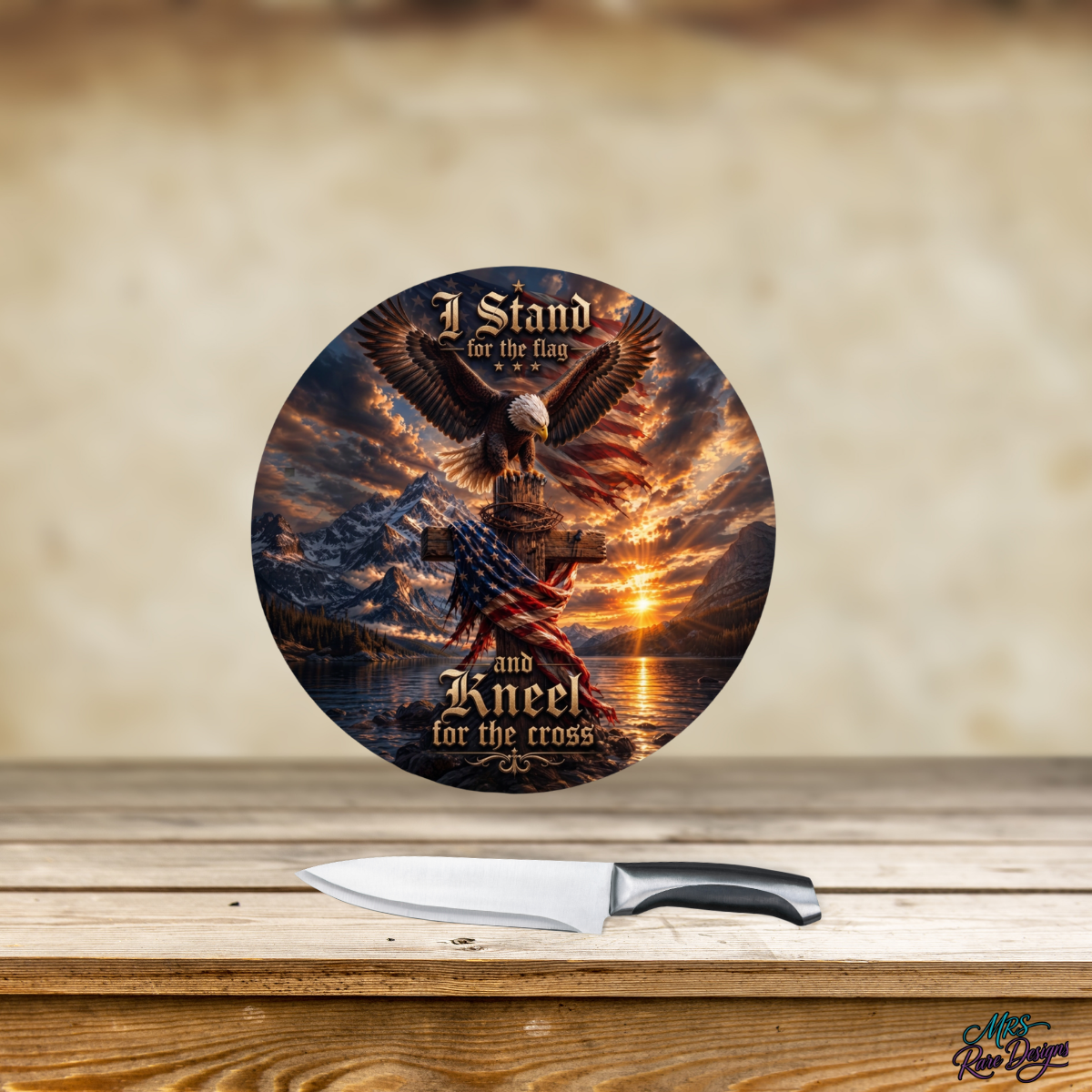 Faith & Freedom Eagle Round Glass Cutting Board – “Stand for the Flag, Kneel for the Cross”