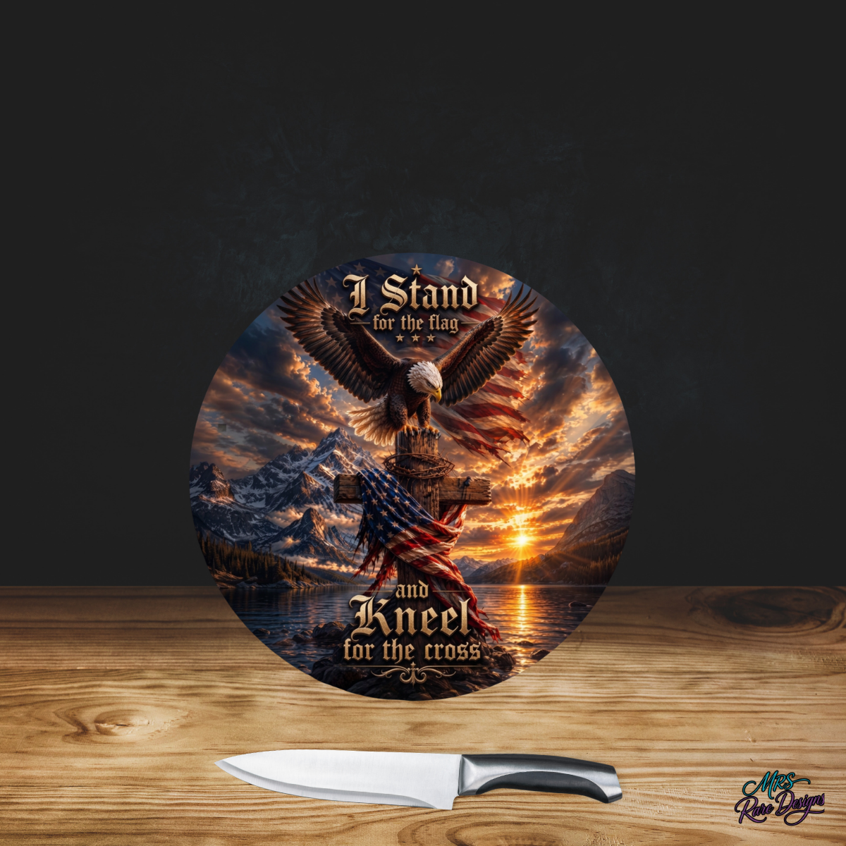 Faith & Freedom Eagle Round Glass Cutting Board – “Stand for the Flag, Kneel for the Cross”