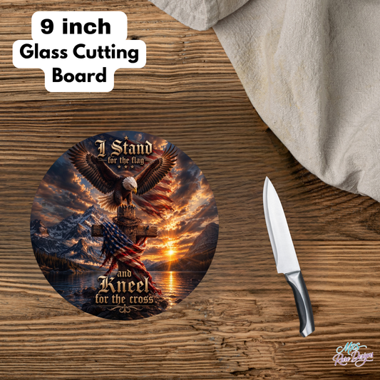 Faith & Freedom Eagle Round Glass Cutting Board – “Stand for the Flag, Kneel for the Cross”