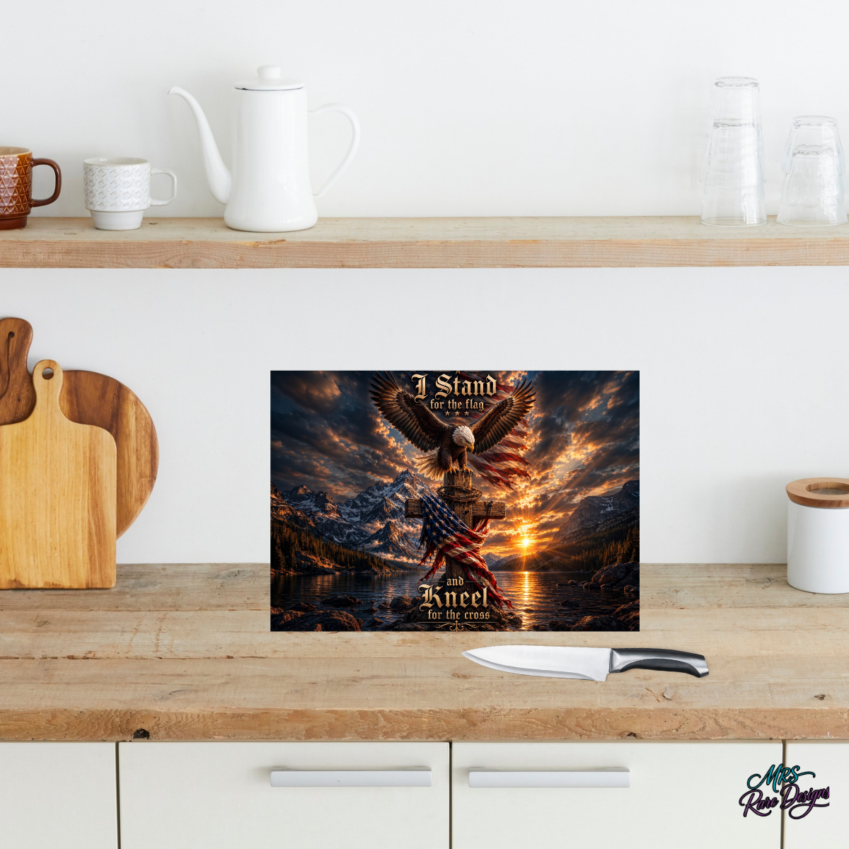 Faith & Freedom Eagle Glass Cutting Board – “Stand for the Flag, Kneel for the Cross”