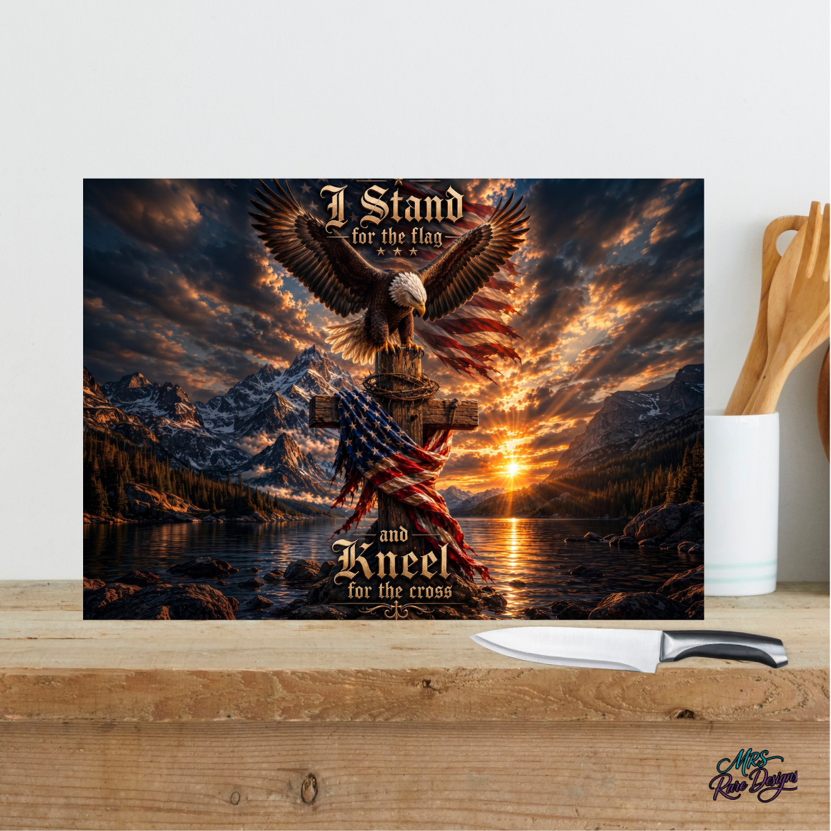 Faith & Freedom Eagle Glass Cutting Board – “Stand for the Flag, Kneel for the Cross”