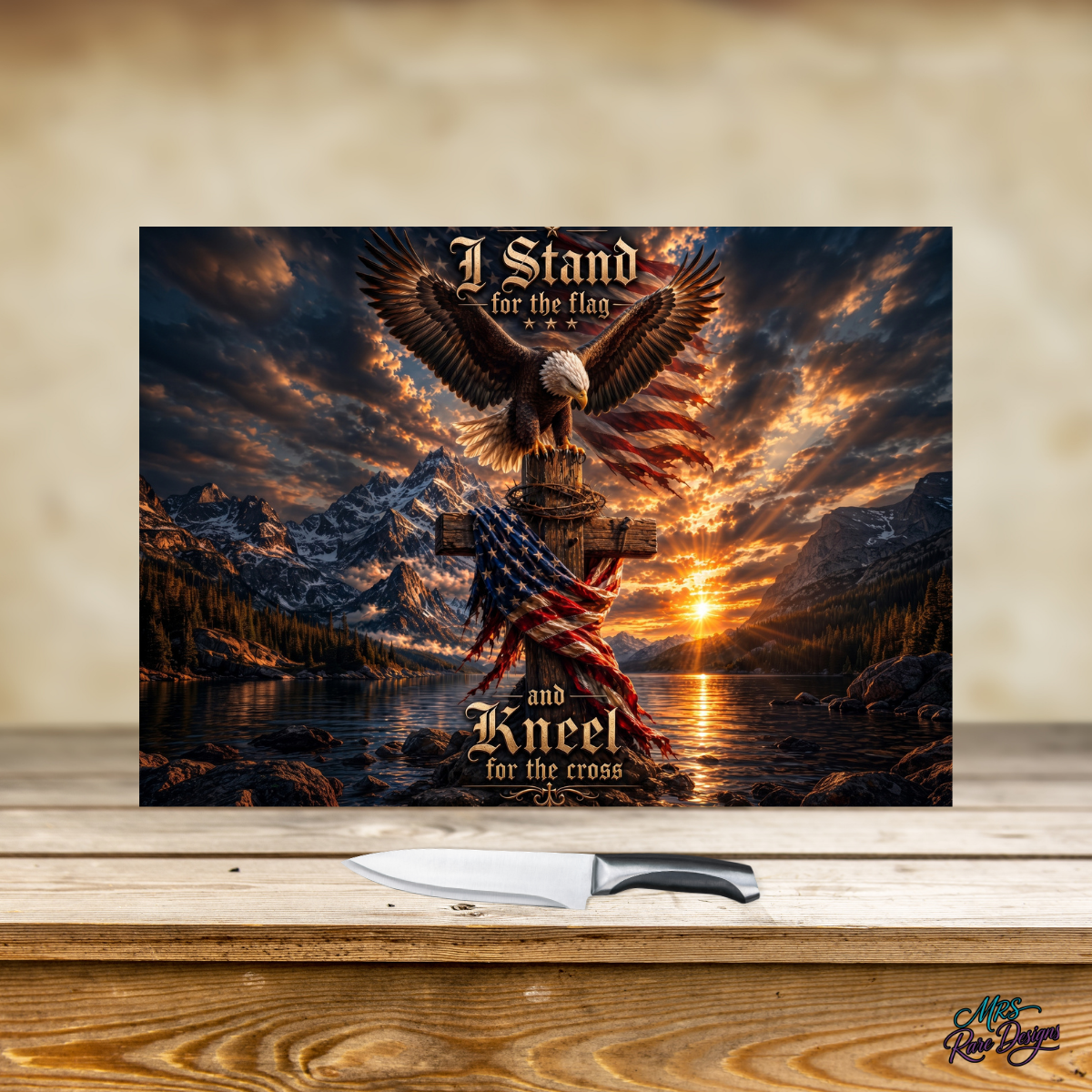 Faith & Freedom Eagle Glass Cutting Board – “Stand for the Flag, Kneel for the Cross”
