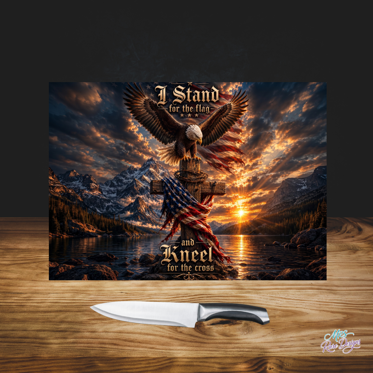 Faith & Freedom Eagle Glass Cutting Board – “Stand for the Flag, Kneel for the Cross”