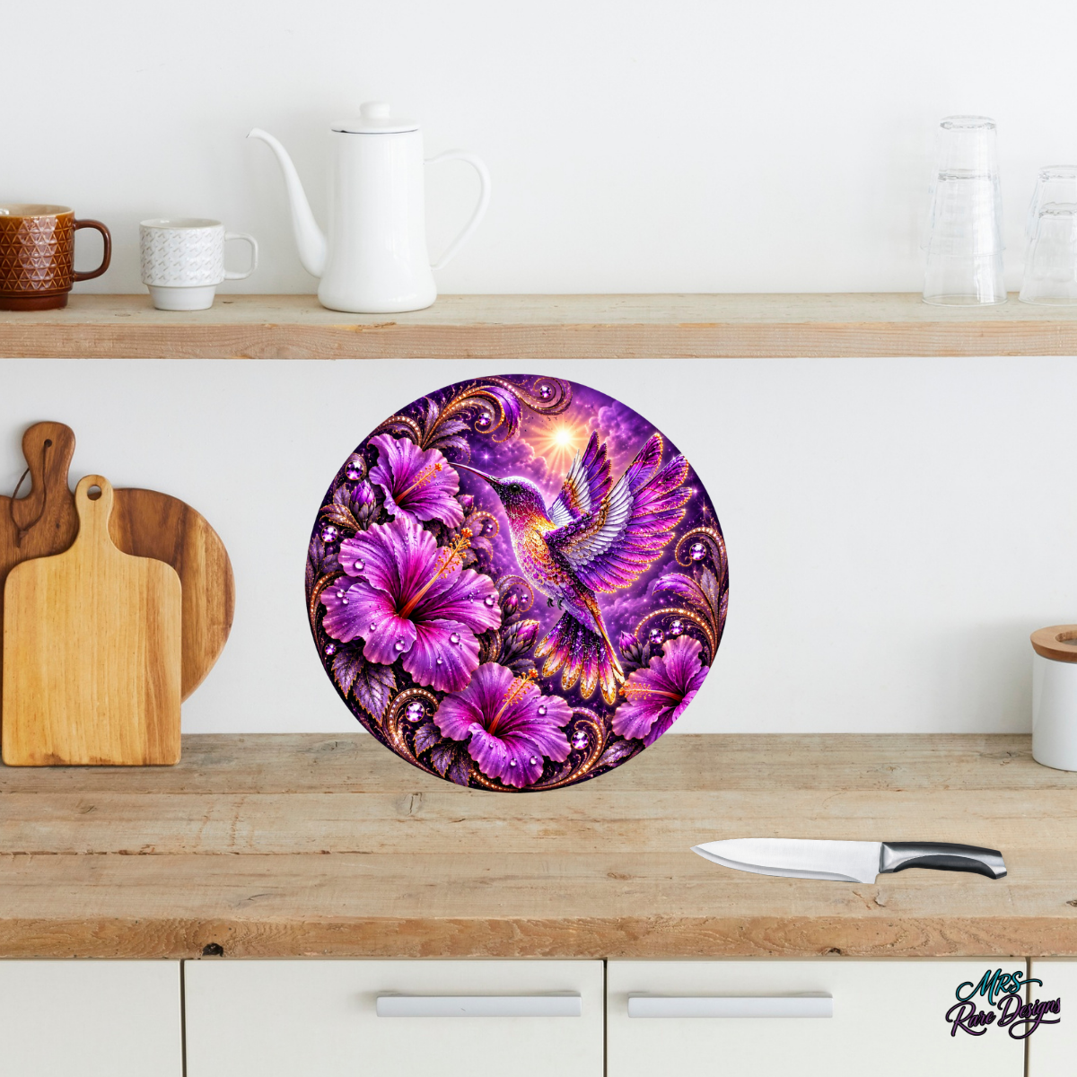 Enchanted Violet Hummingbird – 9" Glass Cutting Board
