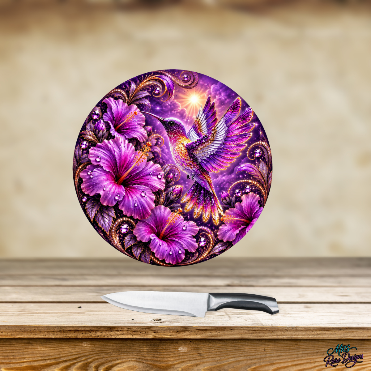 Enchanted Violet Hummingbird – 9" Glass Cutting Board