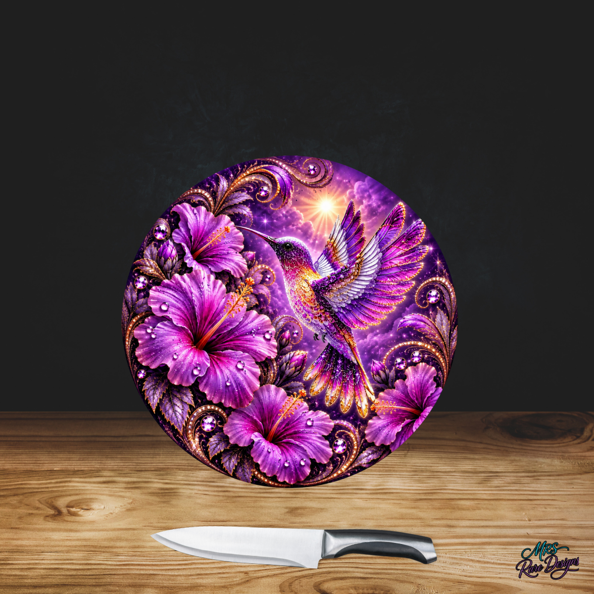 Enchanted Violet Hummingbird – 9" Glass Cutting Board