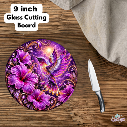 Enchanted Violet Hummingbird – 9" Glass Cutting Board