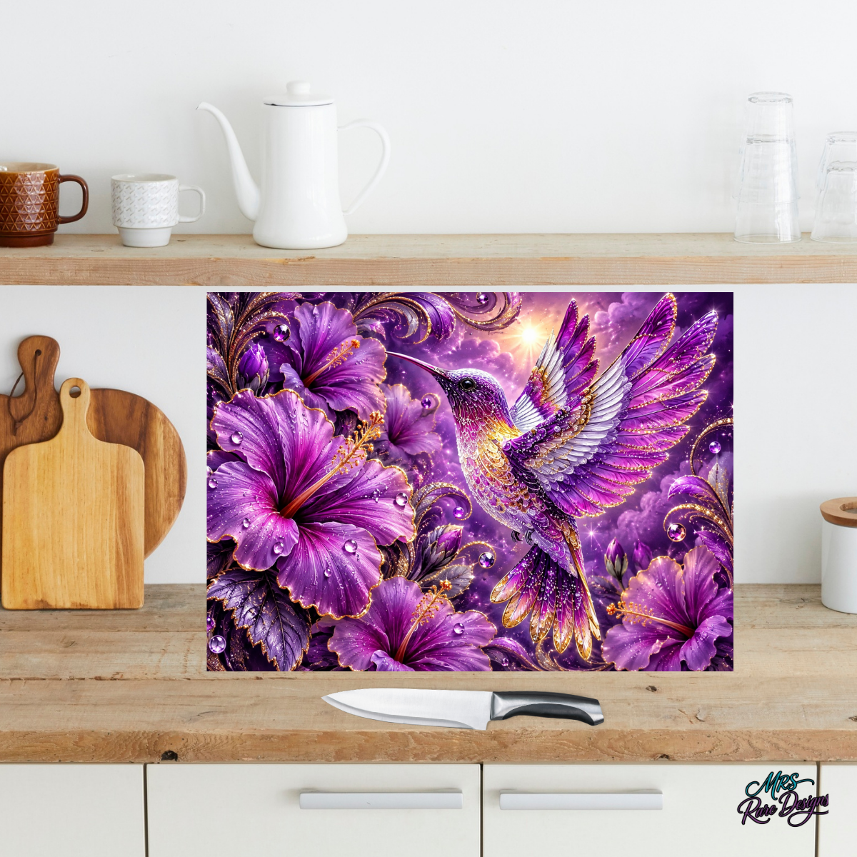 Radiant Wings in Violet – 11" x 15" Hummingbird Glass Cutting Board with Display Stand