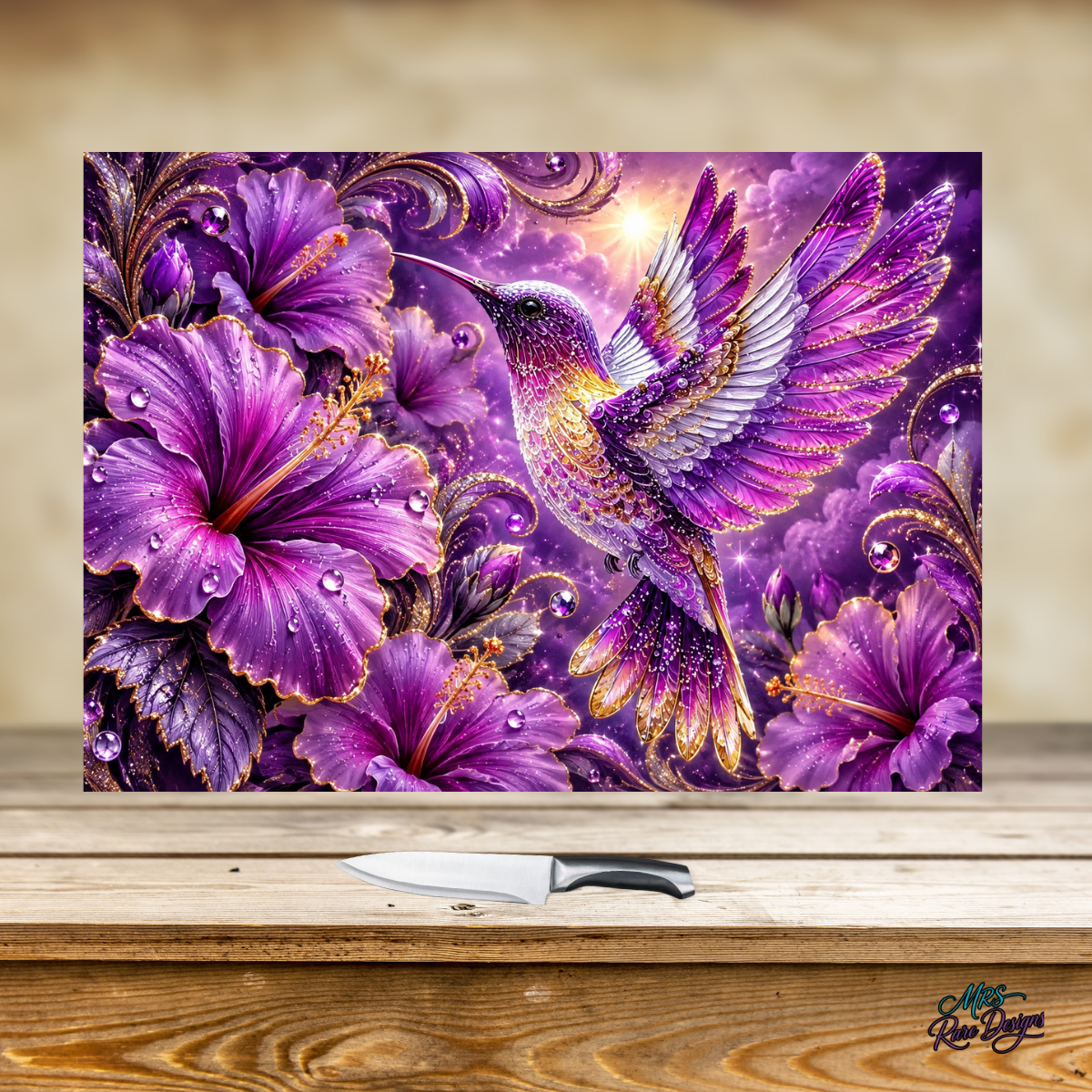 Radiant Wings in Violet – 11" x 15" Hummingbird Glass Cutting Board with Display Stand