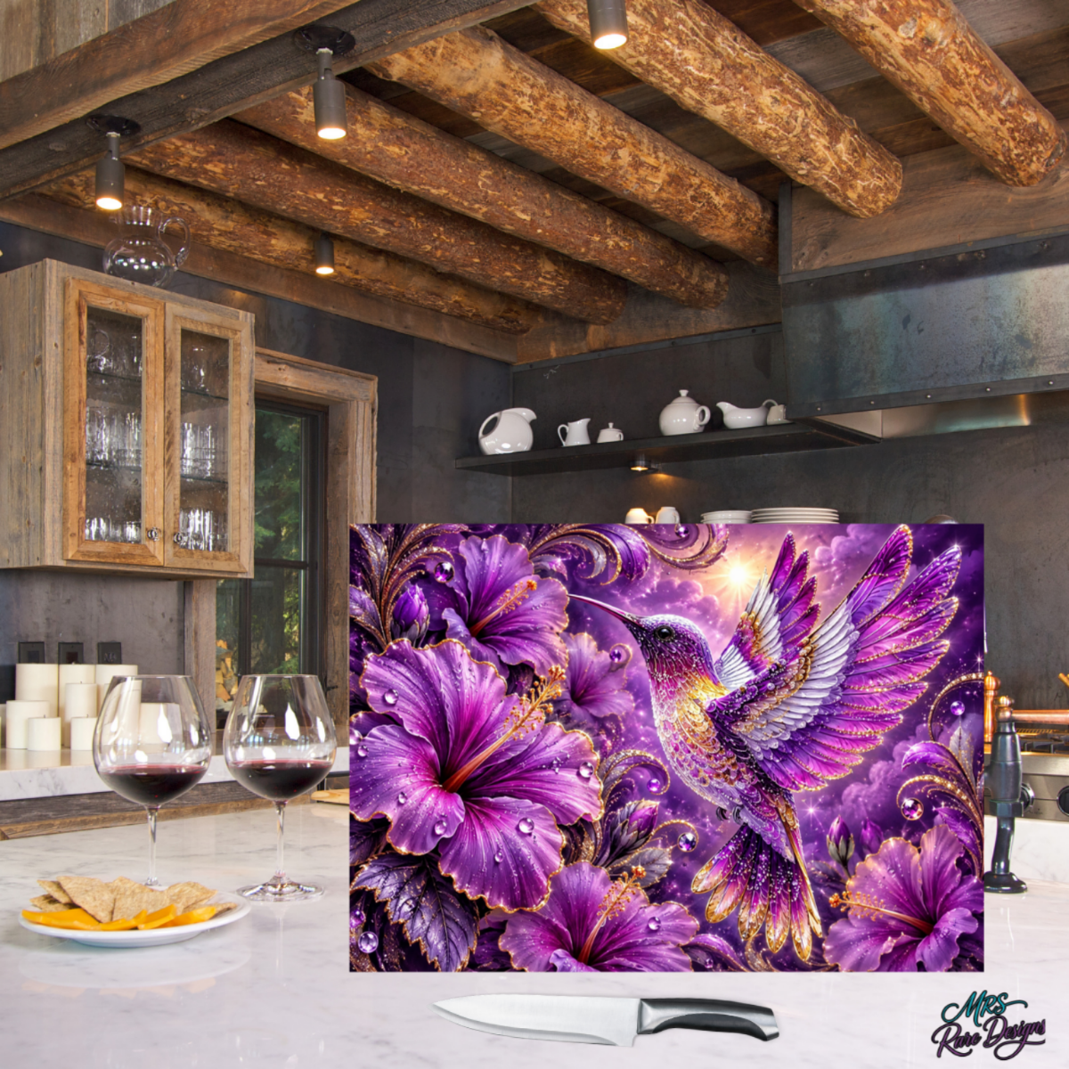 Radiant Wings in Violet – 11" x 15" Hummingbird Glass Cutting Board with Display Stand