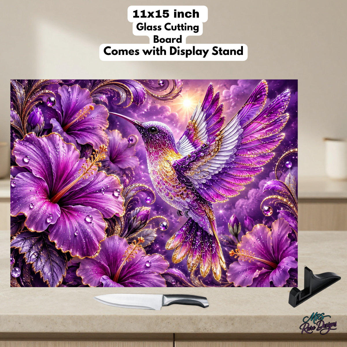 Radiant Wings in Violet – 11" x 15" Hummingbird Glass Cutting Board with Display Stand
