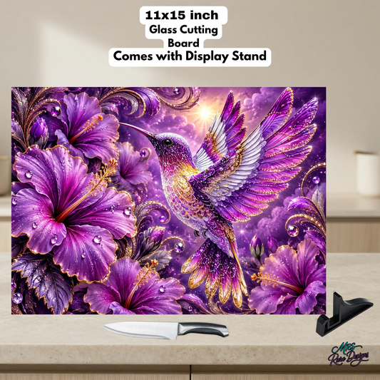 Radiant Wings in Violet – 11" x 15" Hummingbird Glass Cutting Board with Display Stand