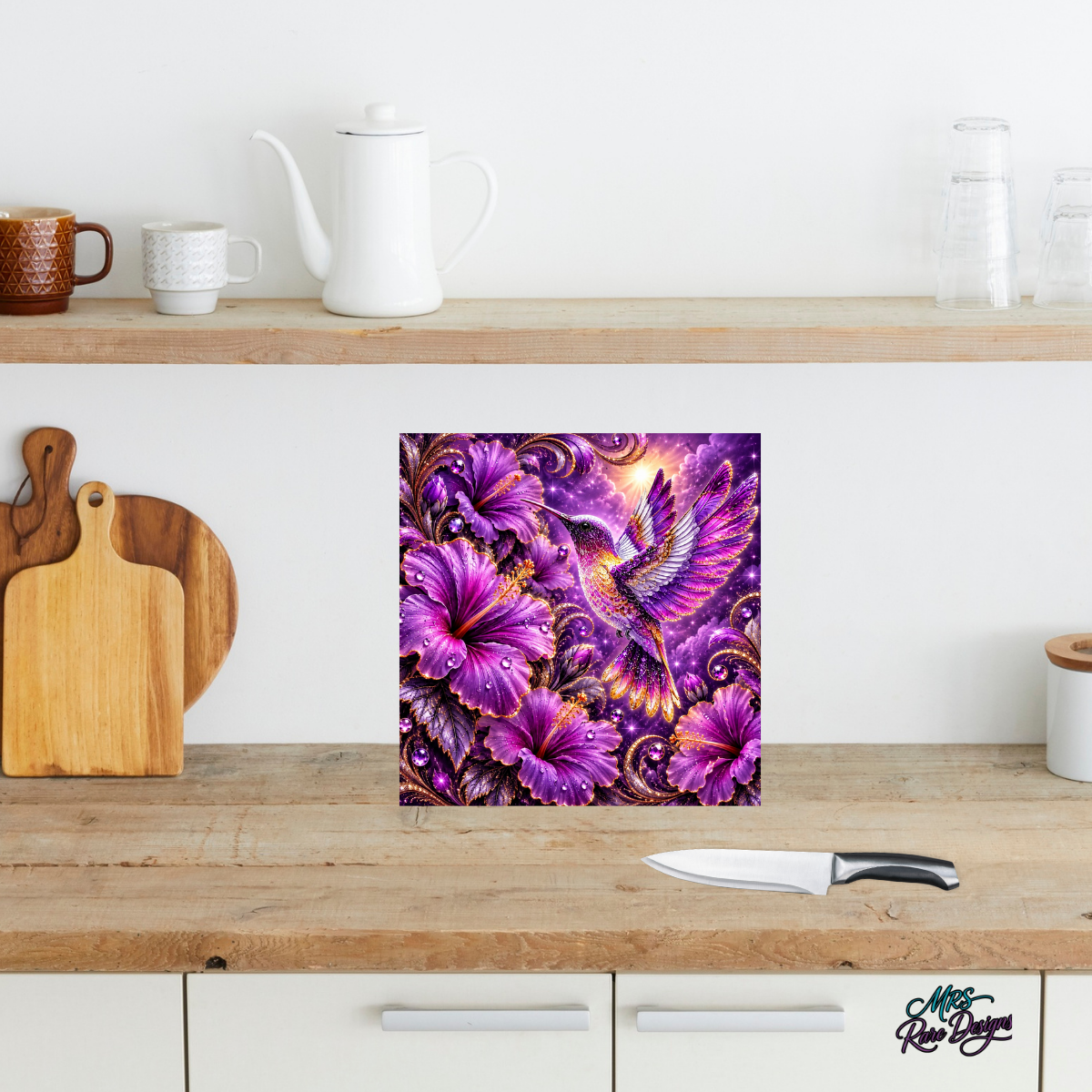 Violet Hummingbird Garden – 9" Glass Cutting Board