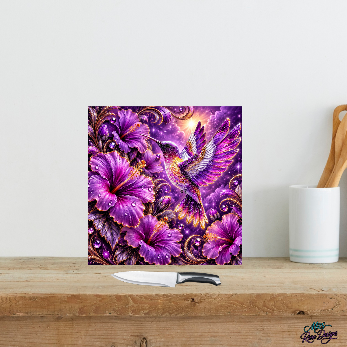 Violet Hummingbird Garden – 9" Glass Cutting Board