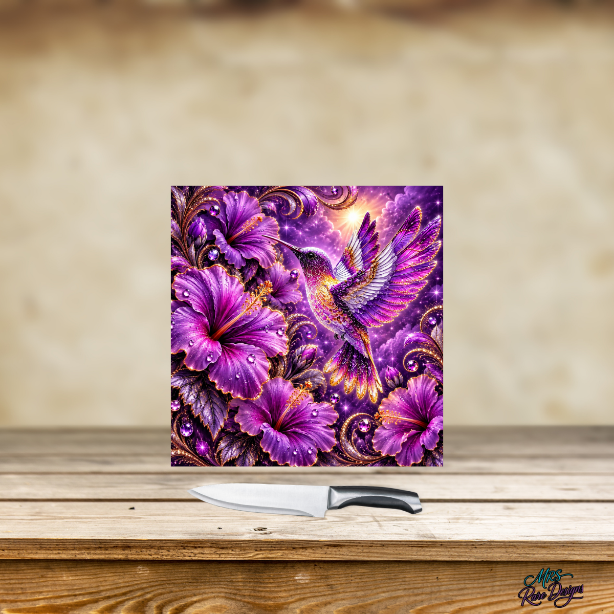 Violet Hummingbird Garden – 9" Glass Cutting Board