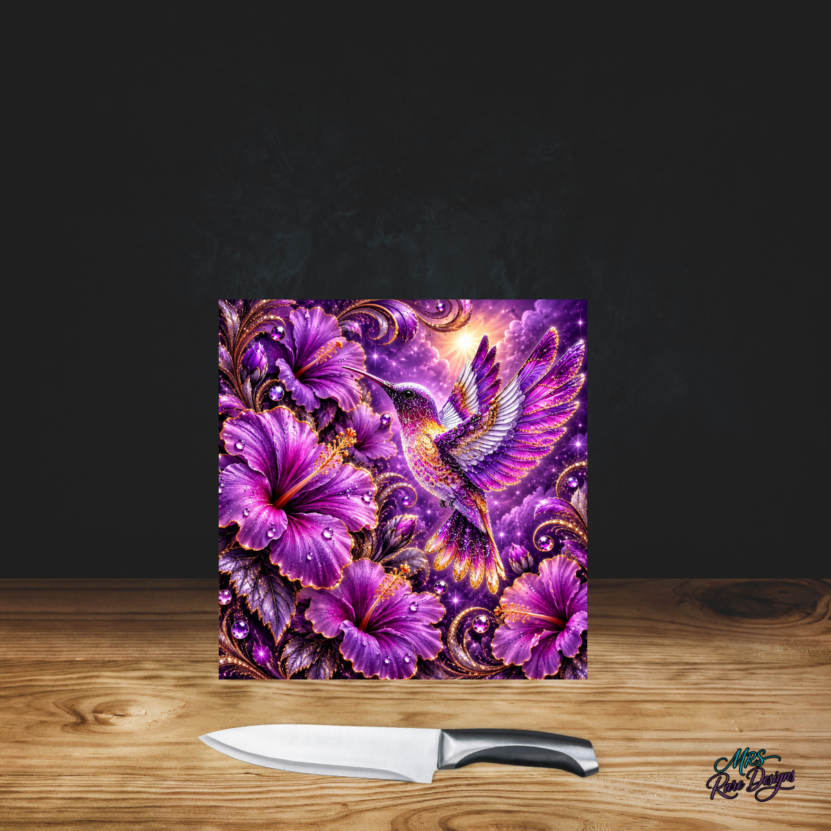 Violet Hummingbird Garden – 9" Glass Cutting Board