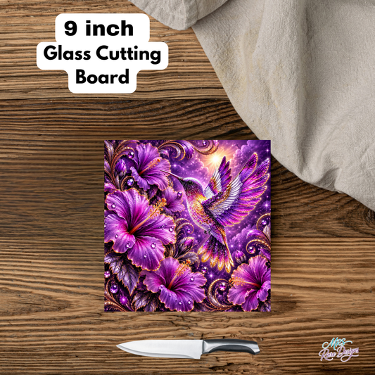 Violet Hummingbird Garden – 9" Glass Cutting Board