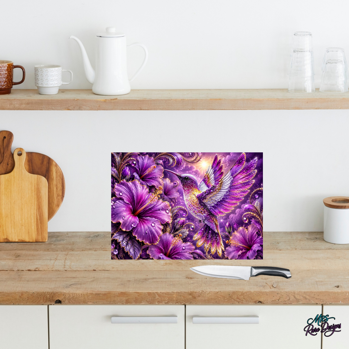 Violet Wings in Bloom – 11" x 7.87" Hummingbird Glass Cutting Board