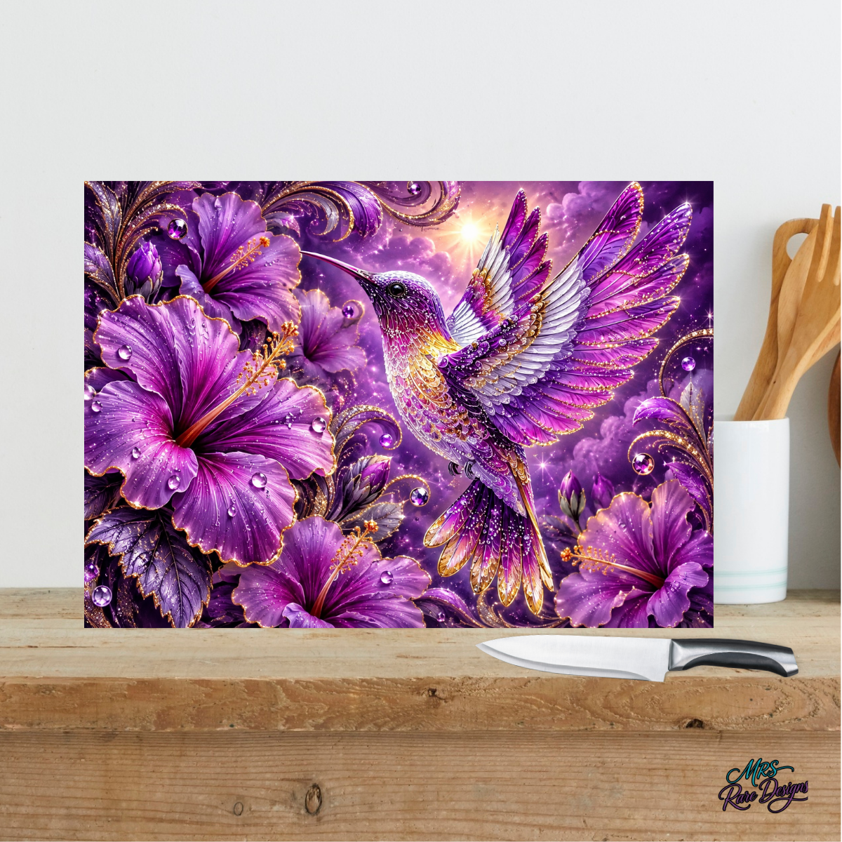 Violet Wings in Bloom – 11" x 7.87" Hummingbird Glass Cutting Board