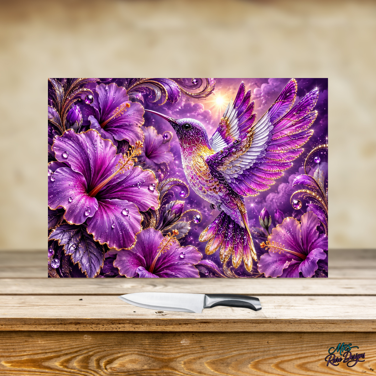 Violet Wings in Bloom – 11" x 7.87" Hummingbird Glass Cutting Board