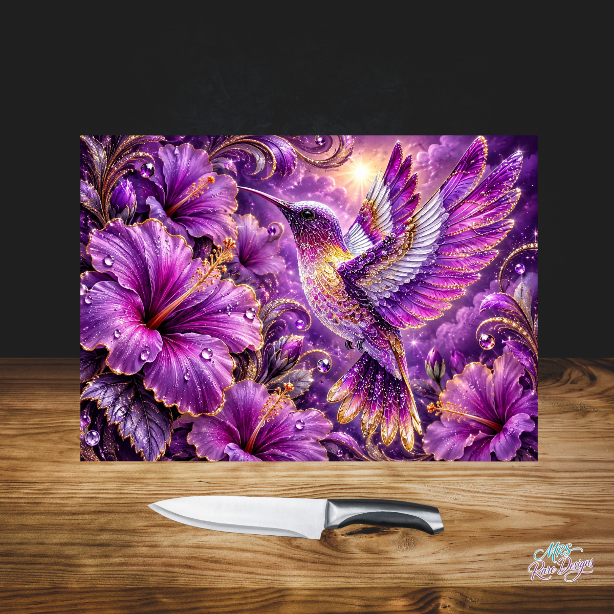 Violet Wings in Bloom – 11" x 7.87" Hummingbird Glass Cutting Board