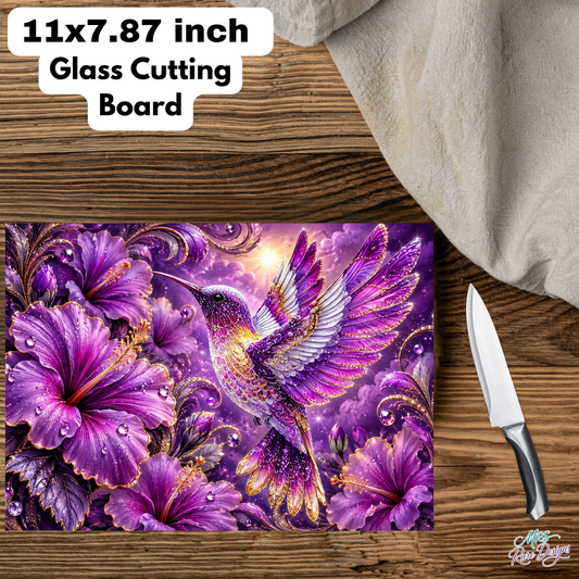 Violet Wings in Bloom – 11" x 7.87" Hummingbird Glass Cutting Board