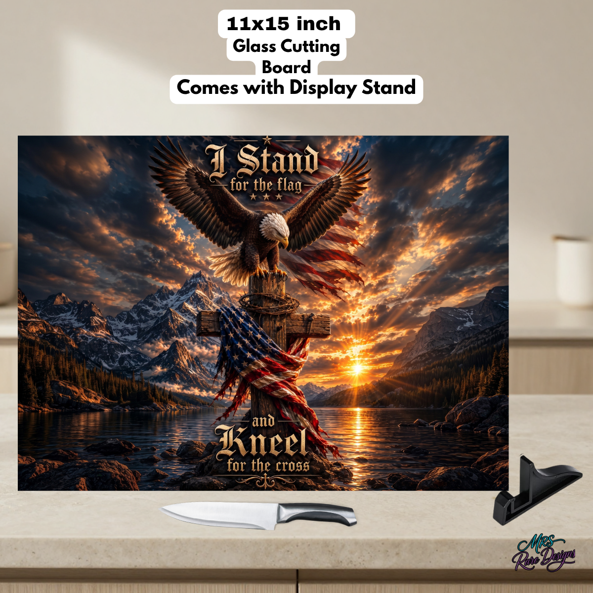 Faith & Freedom Eagle 11x15 Glass Cutting Board with Display Stand