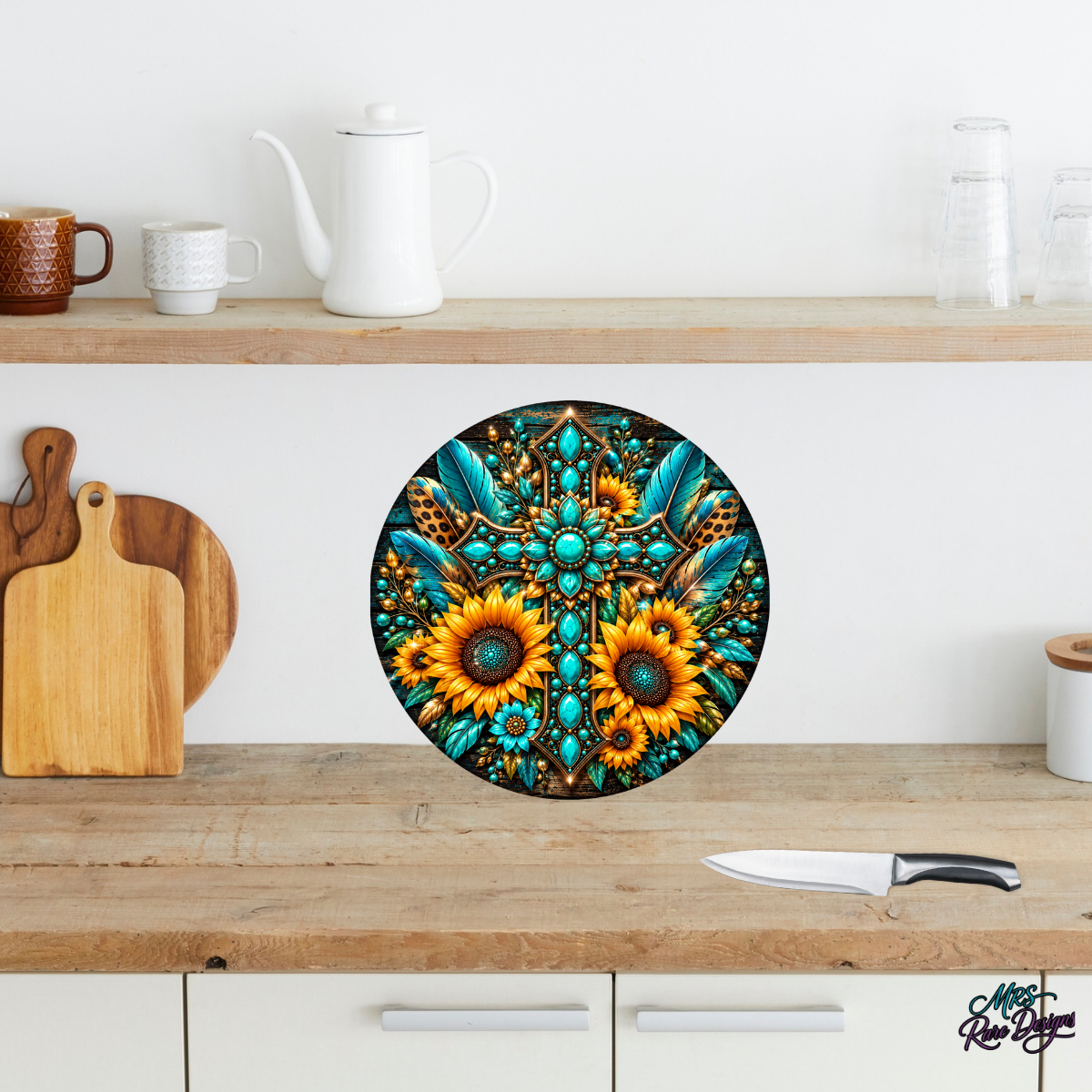 Turquoise Sunflower Western Round Glass Cutting Board