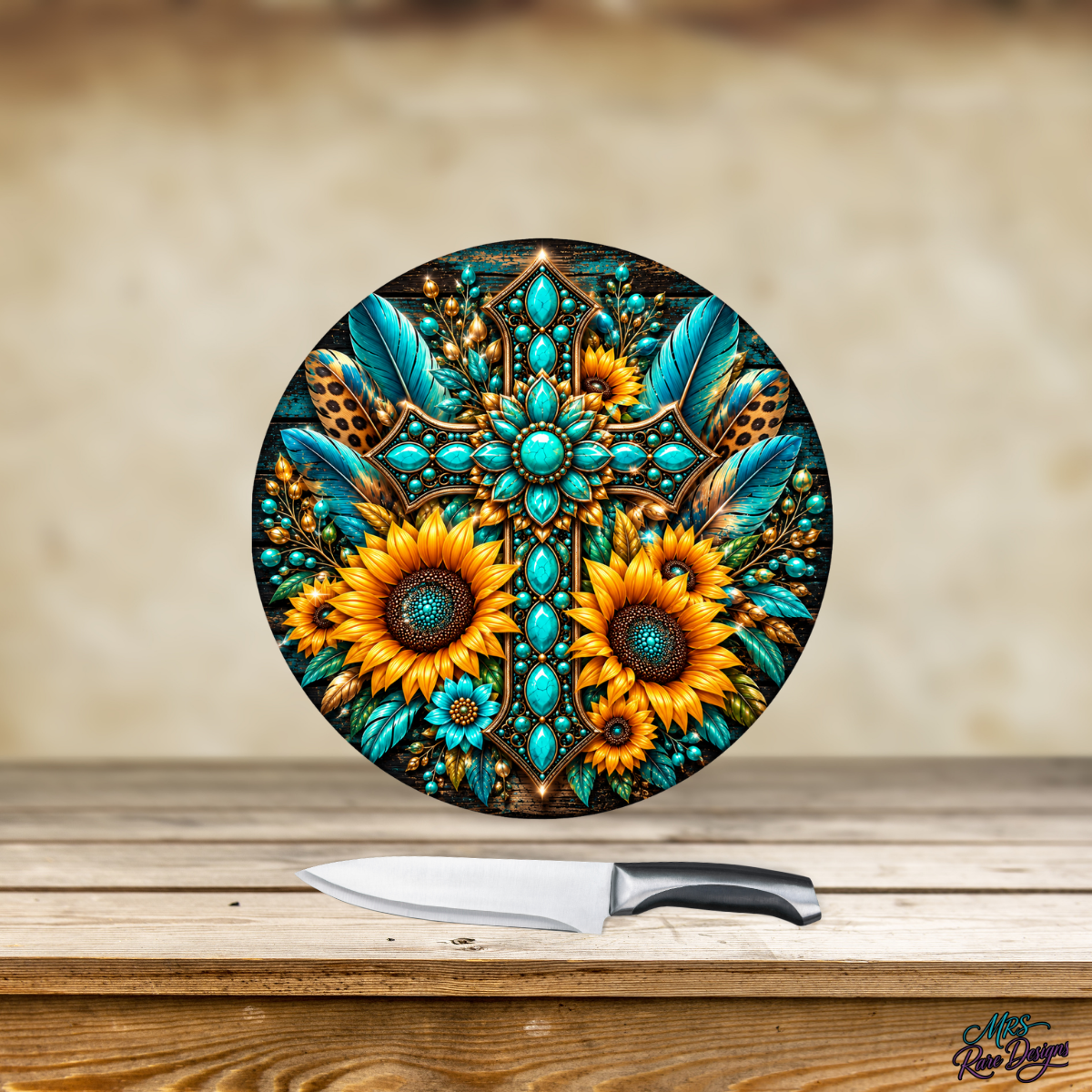 Turquoise Sunflower Western Round Glass Cutting Board