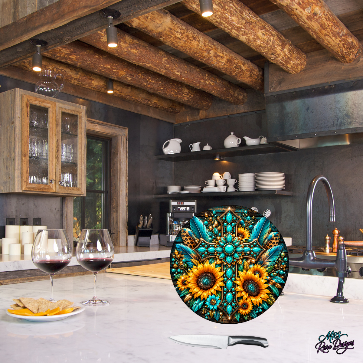 Turquoise Sunflower Western Round Glass Cutting Board