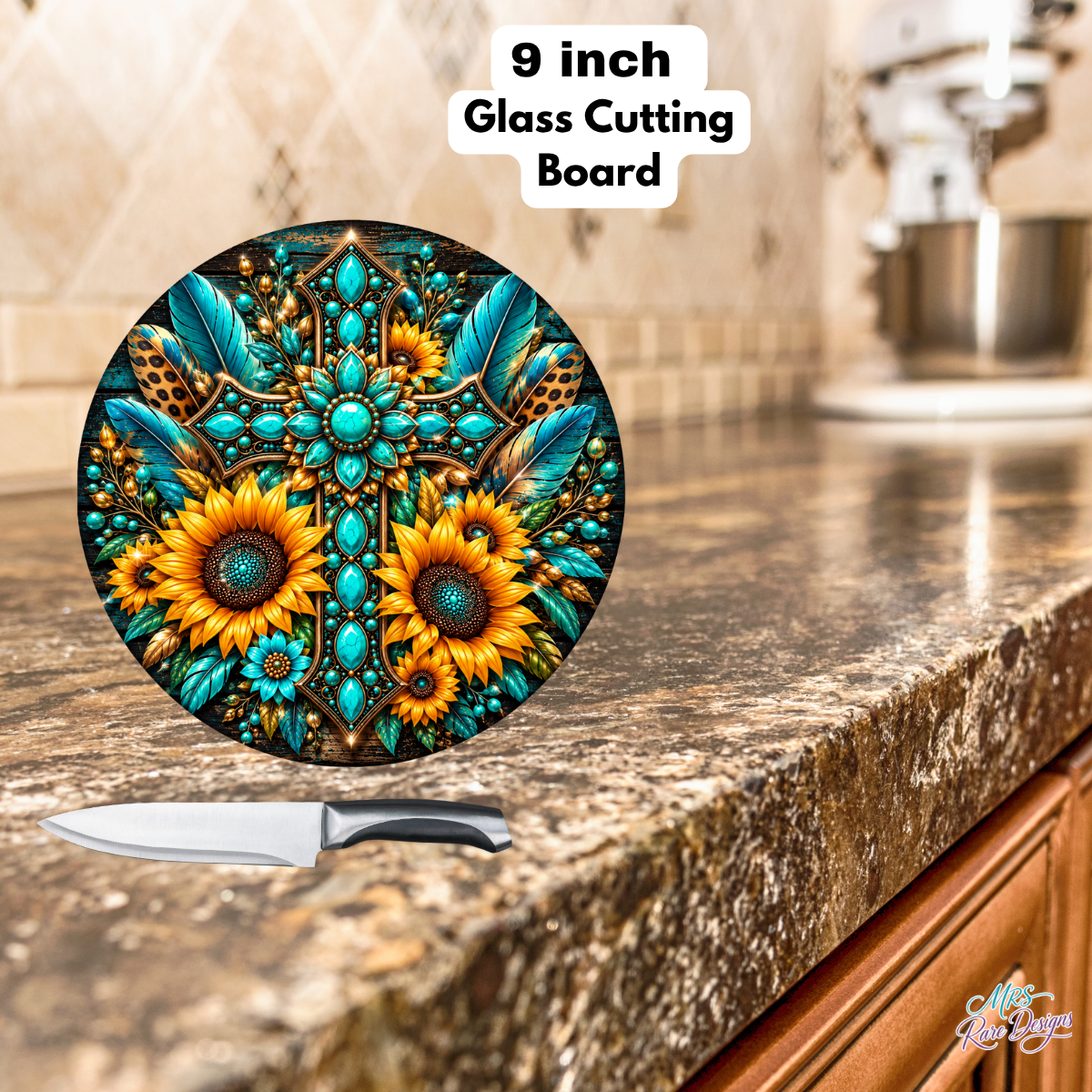 Turquoise Sunflower Western Round Glass Cutting Board