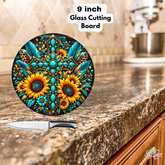 Turquoise Sunflower Western Round Glass Cutting Board