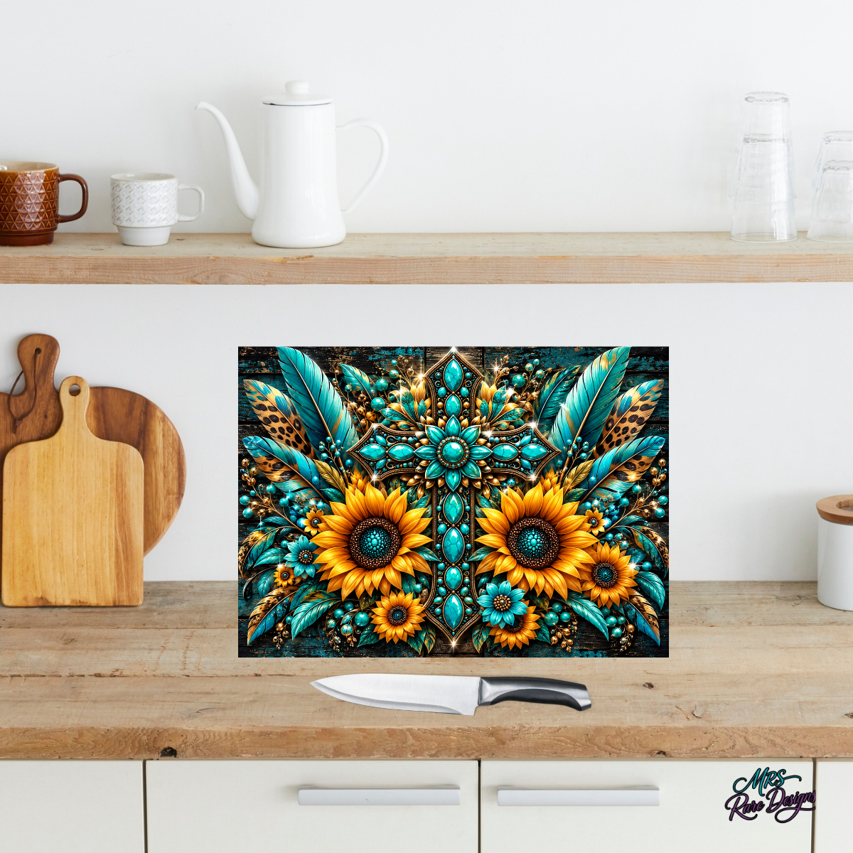 Turquoise Sunflower Western Glass Cutting Board with Display Stand