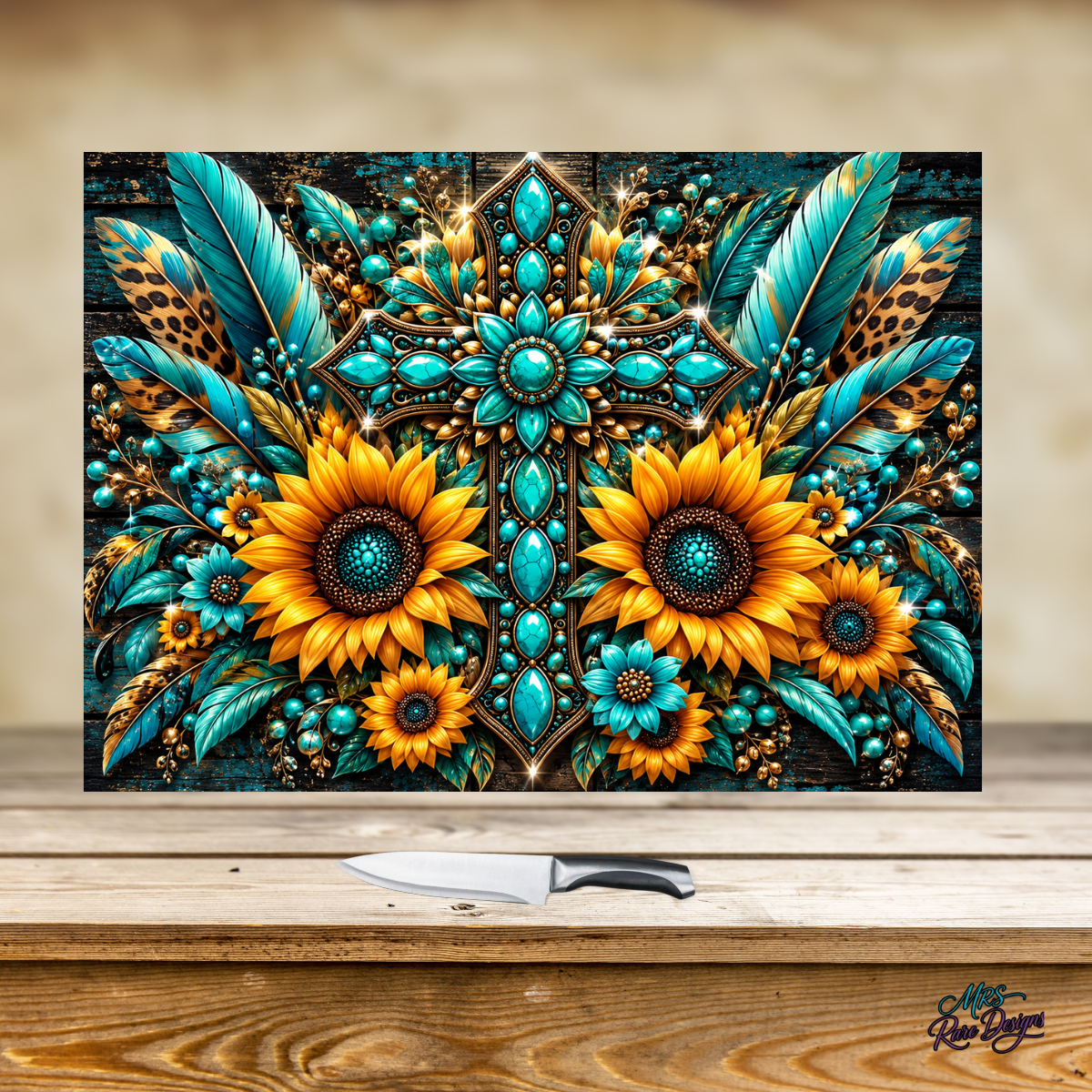 Turquoise Sunflower Western Glass Cutting Board with Display Stand