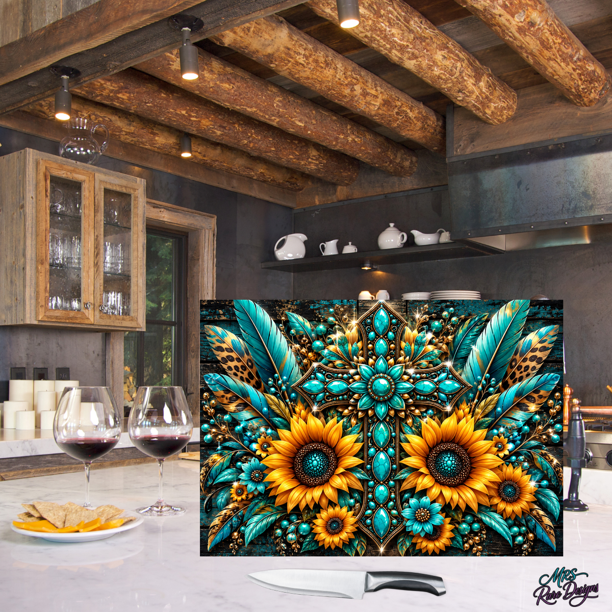 Turquoise Sunflower Western Glass Cutting Board with Display Stand