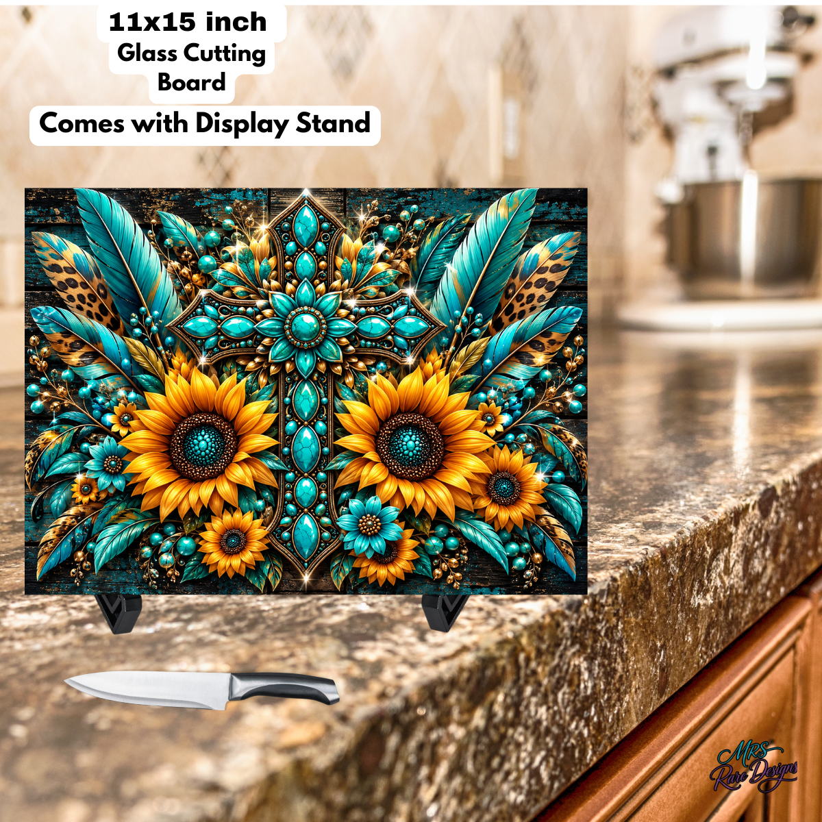 Turquoise Sunflower Western Glass Cutting Board with Display Stand