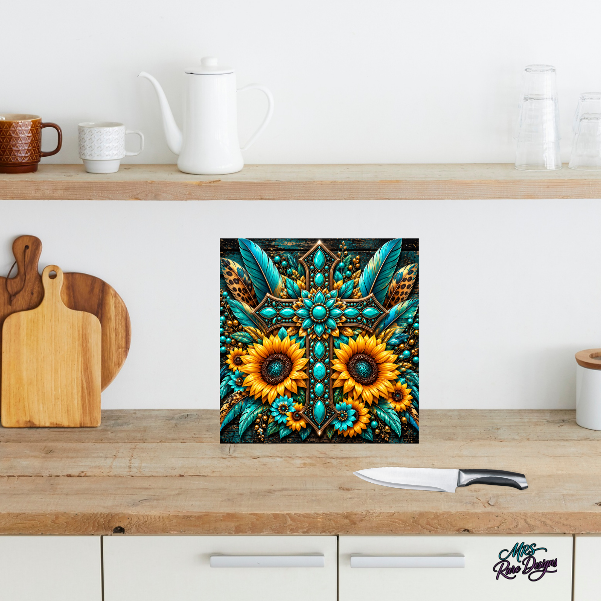 Turquoise Sunflower Western Square Glass Cutting Board