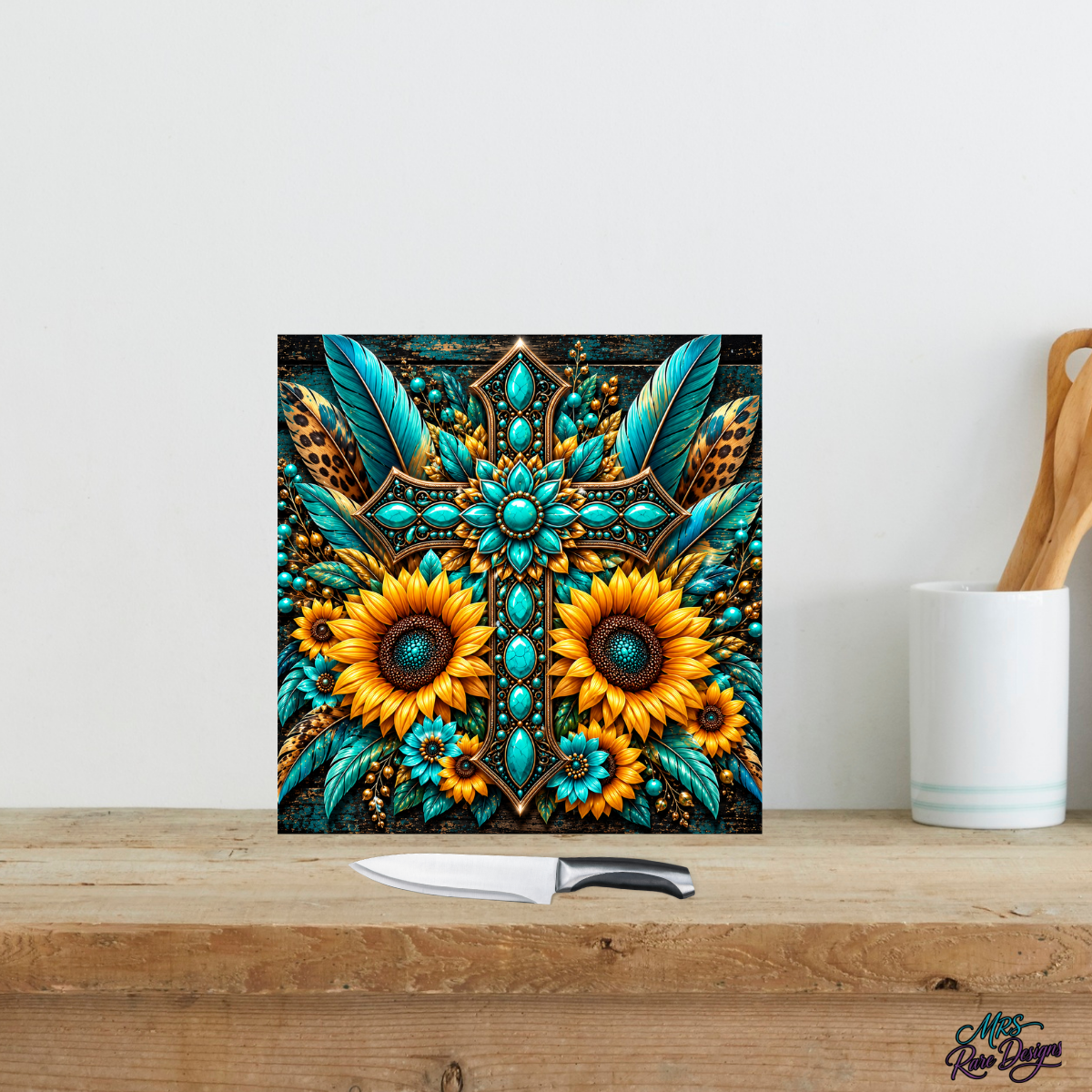 Turquoise Sunflower Western Square Glass Cutting Board