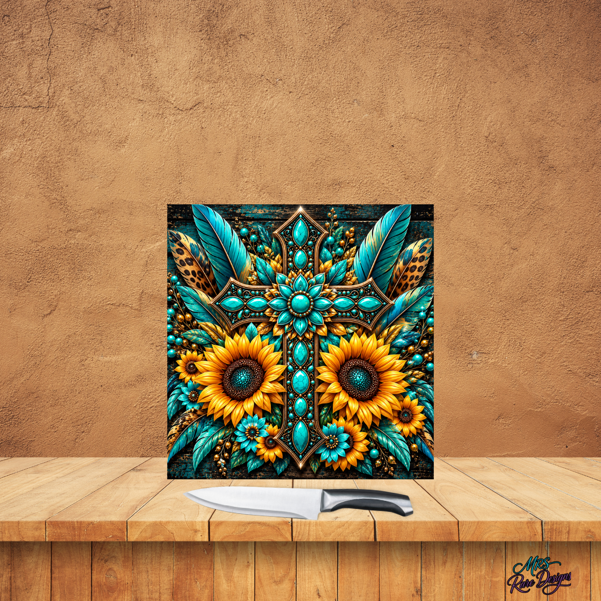 Turquoise Sunflower Western Square Glass Cutting Board