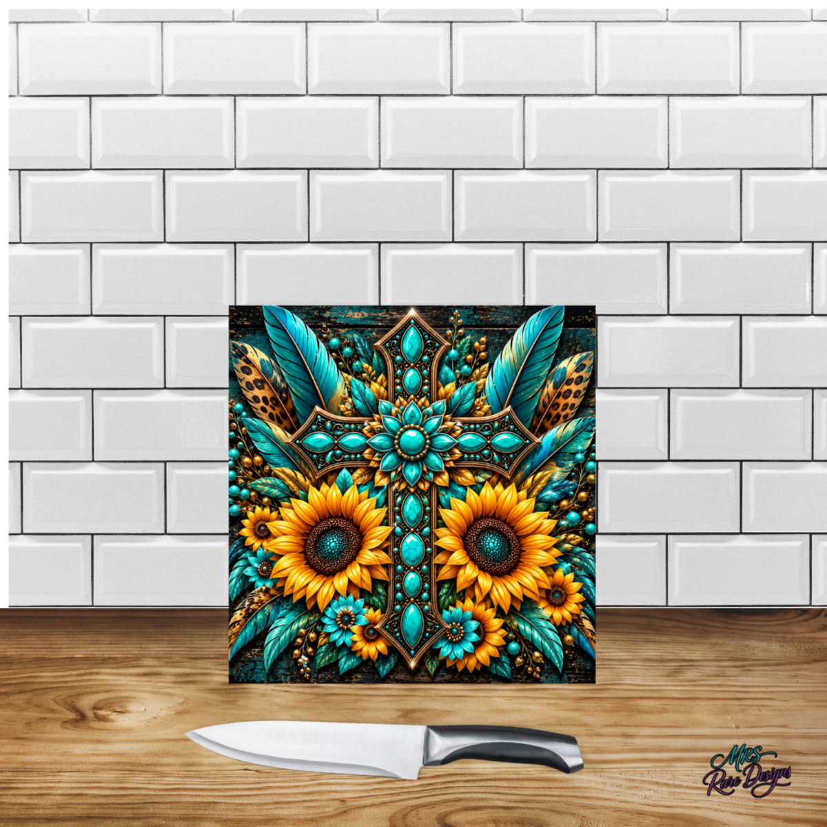 Turquoise Sunflower Western Square Glass Cutting Board