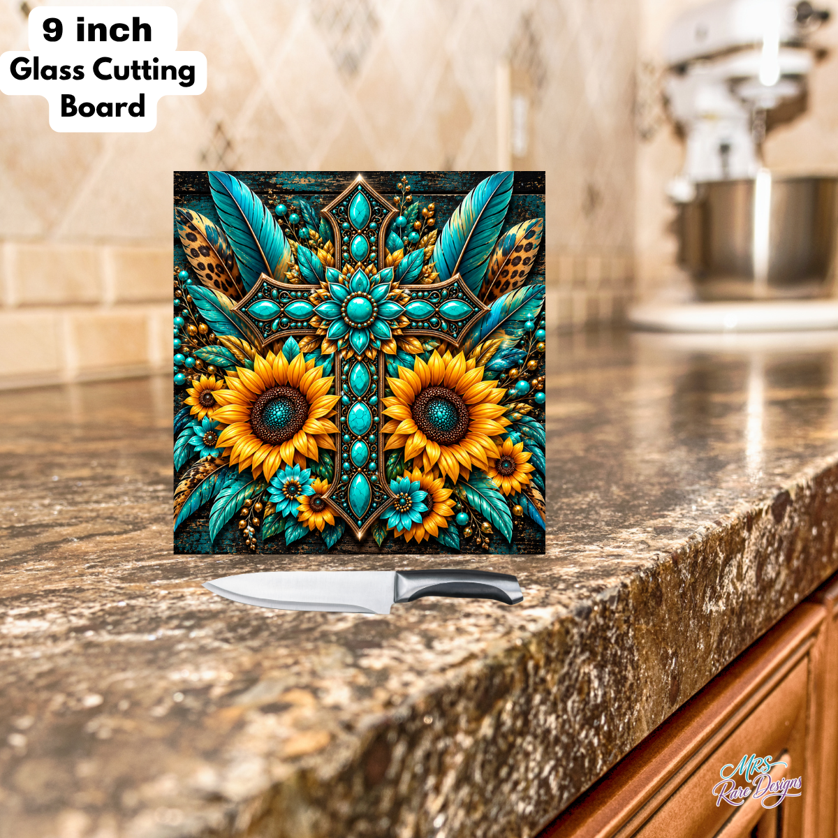 Turquoise Sunflower Western Square Glass Cutting Board
