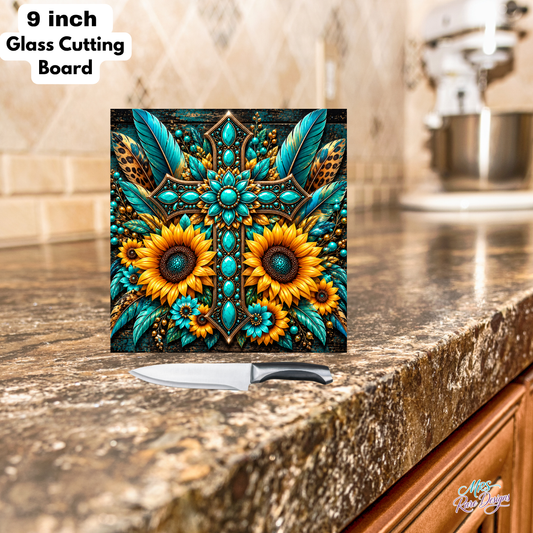 Turquoise Sunflower Western Square Glass Cutting Board